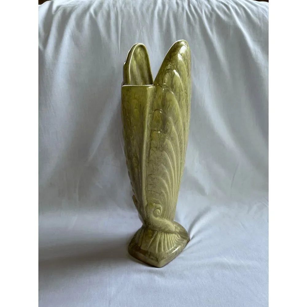 Unique Vintage Mid Century Ceramic Vase, Drip Glaze 16x6 Inches Green/Yellow